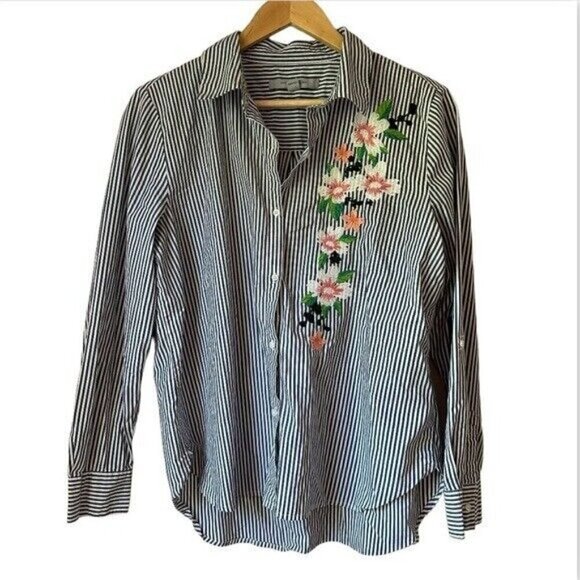 Marc New  York blouse Striped Embroidered floral Womens Large - Picture 1 of 6